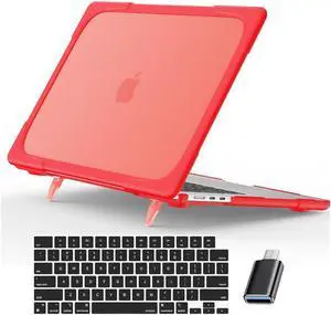 MacBook Air 15 inch Case 2023 A2941 M2 Chip Liquid Retina Display Touch ID, Heavy Duty Hard Shell Dual Layer Protective Cover with Fold Kickstand & Keyboard Skin Cover & Type C Adapter Red