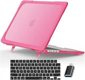 MacBook Air 15 inch Case 2023 A2941 M2 Chip Liquid Retina Display Touch ID, Heavy Duty Hard Shell Dual Layer Protective Cover with Fold Kickstand & Keyboard Skin Cover & Type C Adapter Rose Red