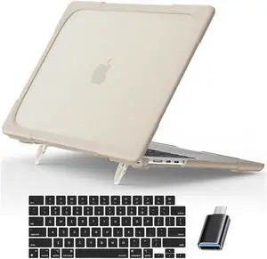 MacBook Air 15 inch Case 2023 A2941 M2 Chip Liquid Retina Display Touch ID, Heavy Duty Hard Shell Dual Layer Protective Cover with Fold Kickstand & Keyboard Skin Cover & Type C Adapter Khaki