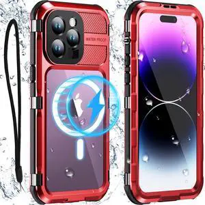 Waterproof Case for iPhone 15 Pro Max 6.7 inch, Built-in [Screen Protector] [IP68 Water Proof] [14FT Military Grade Shockproof], Metal Full Body Aluminum Protective Drop Protection Cover Red
