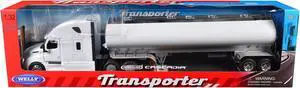 Freightliner Cascadia Truck White with White Tanker Trailer "Transporter" Series 1/32 Diecast Model by Welly Freightliner Cascadia Truck White with White Tanker Trailer "Transporter" Series 1/32 Diecast Model by Welly