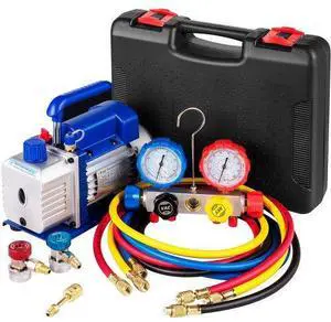 VEVOR Vacuum Pump 4.8CFM 1/3 HP Single Stage HVAC A/C Refrigeration Kit 5PA Ultimate Vacuum Manifold Gauge Set R410A R134A R22 HVAC AC, 4-Way Manifold Gauge and Hose for Air Conditioning Systems