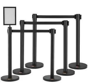 VEVOR Crowd Control Stanchions, 6-Pack Crowd Control Barriers, Carbon Steel Baking Painted Stanchion Queue Post with Sign Holder & 3PCS 6.5FT Retractable Belt, Belt Barrier Line Divider, Easy Assembly