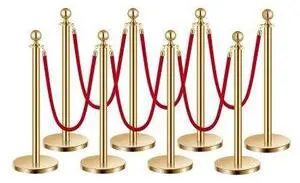VEVOR Stanchions and Velvet Ropes 8Pcs, Hollow Base with Stainless Steel Post, 6 Red Velvet Ropes and Posts, Crowd Control Barriers Gold Stanchions, Red Carpet Runner Poles for Party Supplies