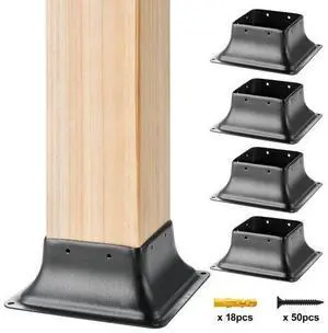 VEVOR 4x4 Post Base 4Pcs, Internal 3.6"x3.6" Heavy Duty Powder-Coated Steel Post Bracket Fit for Standard Wood Post Anchor, Decking Post Base for Deck Porch Handrail Railing Support