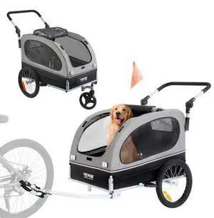 VEVOR Dog Bike Trailer, Supports up to 88 lbs, 2-in-1 Pet Stroller Cart Bicycle Carrier, Easy Folding Cart Frame with Quick Release Wheels, Universal Bicycle Coupler, Reflectors, Flag, Black/Gray