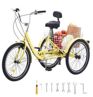 VEVOR Adult Tricycles Bike, 7 Speed Adult Trikes, 24 Inch Three-Wheeled Bicycles, Carbon Steel Cruiser Bike with Basket and Adjustable Seat, Picnic Shopping Tricycles for Seniors, Women, Men  (Yellow)