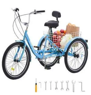 VEVOR Adult Tricycles Bike, 7 Speed Adult Trikes, 20 Inch Three-Wheeled Bicycles, Carbon Steel Cruiser Bike with Basket and Adjustable Seat, Picnic Shopping Tricycles for Seniors, Women, Men (Blue)