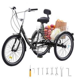 VEVOR Adult Tricycles Bike, 7 Speed Adult Trikes, 20 Inch Three-Wheeled Bicycles, Carbon Steel Cruiser Bike with Basket and Adjustable Seat, Picnic Shopping Tricycles for Seniors, Women, Men (Black)