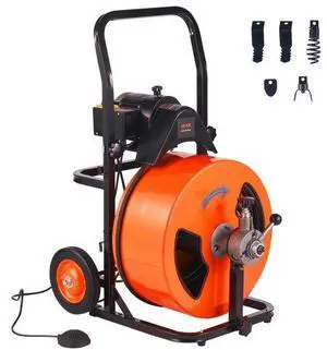 VEVOR Drain Cleaning Machine 100FT x 3/4 Inch, Sewer Snake Machine Auto Feed, Drain Auger Cleaner with 4 Cutter & Air-Activated Foot Switch for 1" to 4" Pipes