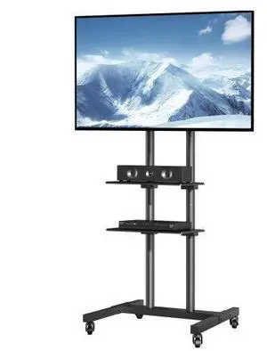 VEVOR Mobile TV Stand, Mobile TV Cart for 32 to 70 inch TVs, Height Adjustable Portable TV Stand with Wheels, Double Tray for Audio-Visual Devices, Rolling TV Stand with Mount for Bedroom, Living Room