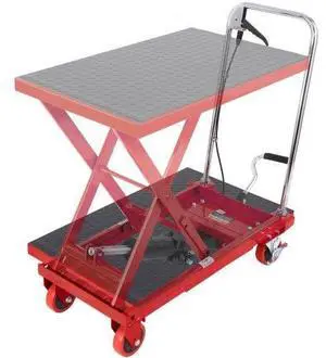 VEVOR Hydraulic Lift Table Cart, 500lbs Capacity 28.5" Lifting Height, Manual Single Scissor Lift Table with 4 Wheels and Non-slip Pad, Hydraulic Scissor Cart for Material Handling, Red