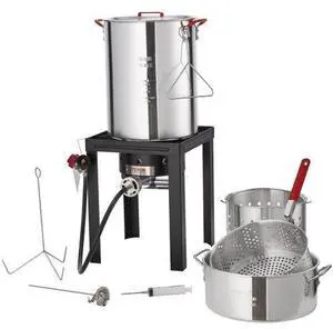 VEVOR Turkey Deep Fryer, 30-qt Turkey & 10-qt Fish Steamer Cooker Set, Outdoor Aluminum Seafood Frying Pot, 54,000 BTU Burner Propane Gas Boiler, Includes Baskets, Perforated Poultry Rack, Thermometer