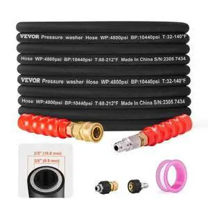 VEVOR Pressure Washer Hose, 100FT, Kink Free 3/8"-14.8 Male, 3/8"-15 Female For Most Brand Pressure Washers, 4.9'' Bending Radius, 4800 PSI Heavy Duty Power Washer Extension Replacement Hose
