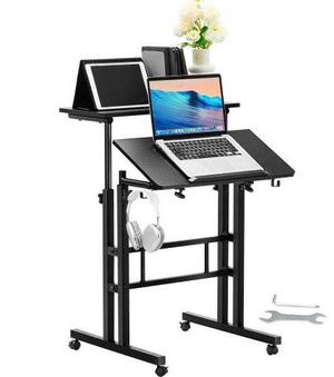 VEVOR Mobile Standing Desk, 26.4"-44.9" Gas-Spring Height Adjustable Sit-Stand Desk, Home Office Rolling Laptop Table 360° Swivel Wheels (4 Lockable), 0-45° Tillable Desktop, 2 Hooks, 40LBS Loading