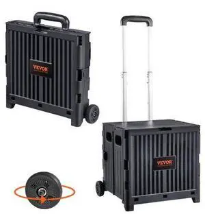 VEVOR Foldable Utility Cart, 80 lbs Load Capacity, Folding Portable Rolling Crate Handcart with Durable Heavy Duty Telescoping Handle and 2 Wheels for Travel Shopping Moving Luggage Office Use, Black