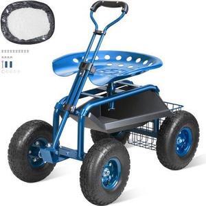 VEVOR Garden Cart Rolling Workseat with Wheels, Gardening Stool for Planting, 360 Degree Swivel Seat, Wagon Scooter with Steering Handle & Utility Tool Tray, Use for Patio, Yard, and Outdoors, Blue