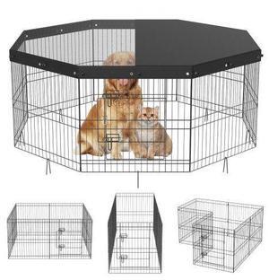 VEVOR Dog Playpen, 8 Panels Foldable Metal Dog Exercise Pen with Top Cover, 24" H Pet Fence Puppy Crate Kennel with Ground Stakes, Indoor Outdoor Dog Pen for Small Medium Pets, for Camping, Yard