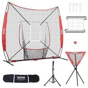 VEVOR 7x7 ft Baseball Softball Practice Net, Portable Baseball Training Net for Hitting Catching Pitching, Backstop Baseball Equipment with Bow Frame, Carry Bag, Strike Zone, Ball, Tee, Ball Collector
