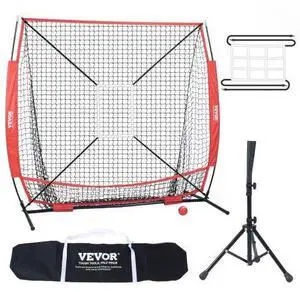 VEVOR 5x5 ft Baseball Softball Practice Net, Portable Baseball Training Net for Hitting Batting Catching Pitching, Backstop Baseball Equipment with Bow Frame, Carry Bag, Strike Zone, Ball, Batting Tee
