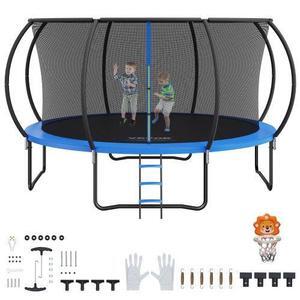 VEVOR 14FT Trampoline, 450 lbs Trampoline with Enclosure Net, Ladder, and Curved Pole, Heavy Duty Trampoline with Jumping Mat and Spring Cover Padding, Outdoor Recreational Trampolines for Kids Adults