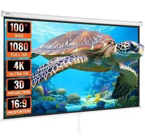 VEVOR Manual Projector Screen, 100 inch 16:9 4K 1080 HD Retractable Pull Down Projector Screen, Auto-Locking Portable Movie Screen for Family Home Office Theater