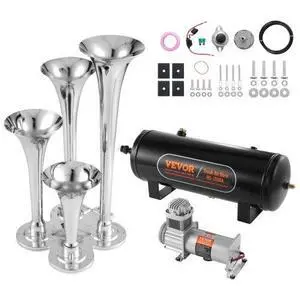 VEVOR Train Horns Kit, 4 Trumpet Air Horn Kit, 150dB Train Horns for Pickup Trucks, 12V 160 psi Air Compressor 2.6 Gal/10 L Tank with Gauge for Any 12V Vehicle Car Truck Train Van Boat