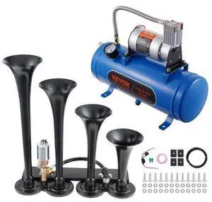 VEVOR Train Horns Kit, 4 Trumpet Air Horn Kit, 150dB Train Horns for Pickup Trucks, 12V 120 psi Air Compressor 1.6 Gal/6 L Tank with Gauge for Any 12V Vehicle Car Truck Train Van Boat