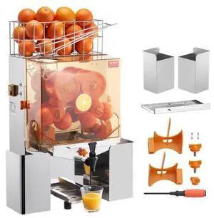 VEVOR Commercial Orange Juicer Machine, 120W Automatic Juice Extractor with Water Tap, Stainless Steel Orange Squeezer 20 Oranges/Minute, with Pull-Out Filter Box, PC Cover, 2 Peel Collecting Buckets