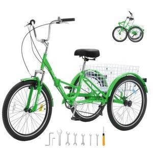 VEVOR Folding Adult Tricycle, 24-Inch 7-Speed Adult Folding Trikes, Carbon Steel 3 Wheel Cruiser Bike with Basket & Adjustable Seat, Shopping Picnic Foldable Tricycles for Women, Men, Seniors (Green)