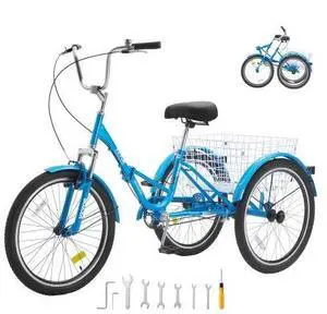 VEVOR Folding Adult Tricycle, 24-Inch Adult Folding Trikes, Carbon Steel 3 Wheel Cruiser Bike with Large Basket & Adjustable Seat, Shopping Picnic Foldable Tricycles for Women, Men, Seniors (Blue)