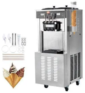 VEVOR Commercial Ice Cream Machine, 34-44 L/H Yield, 3400W 3-Flavor Freestanding Soft Serve Ice Cream Maker, 2 x 9L Stainless Steel Hopper, LED Panel Allows Single Cylinder Use Overnight Refrigeration