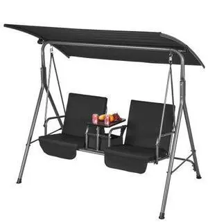 VEVOR 2-Seat Patio Swing Chair, Outdoor Patio Swing with Adjustable Canopy, Porch Swing with Storage Bag and Rotating Tray, Oxford Fabric and Alloy Steel Frame, for Balcony, Backyard, Poolside, Black