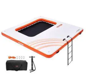 VEVOR Inflatable Floating Dock, 10x10FT Inflatable Dock Platform with 4*7FT Trampoline Mesh Pool, Non-Slip Floating Platform Water Mat with Portable Bag & Detachable Ladder for Pool Beach Relaxation