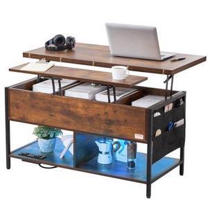 VEVOR  Coffee Table, Lift Top Coffee Table with Fabric Storage Bag, Small Coffee Table with Charging Station & USB & LED Light, 4-in-1 Coffee Tables for Living Room & Office, Brown
