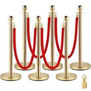 VEVOR  Stainless Steel Stanchion Post Queue 6PCS Pole w/ 4 Red Velvet Ropes, Crowd Control Barriers w/Fillable Base for for crowd control in theaters, hotels, casinos, red carpet events, ticket offic