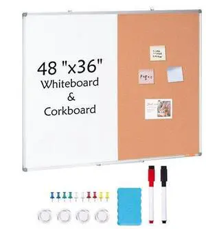 VEVOR  48"x 36" Whiteboard & Cork Board Combo with Aluminum Frame  2-in-1 Magnetic Dry Erase Bulletin Board for Wall Mount  Ideal for School, Home, Office