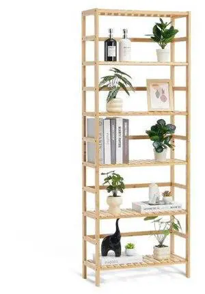 VEVOR  6-Tier Bamboo Shelf, Rattan Shelf, Open Wood Bookshelf, Display Storage Rack Organizer, Freestanding Flower Plant Stand, Multifunctional Bamboo Bookshelf Ideal for Bathroom, Bedroom, Office, S