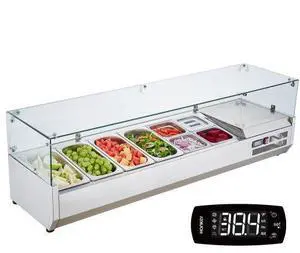 VEVOR  Refrigerated Condiment Prep Station, 150 W Countertop Refrigerated Condiment Station, with 4 1/3 Pans & 4 1/6 Pans, 304 Stainless Body and PC Lid, Sandwich Prep Table with Glass Guard, ETL