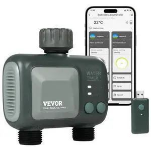 VEVOR  WiFi Sprinkler Timer, 2 Outlets, Smart Hose Faucet Water Timer with Brass Inlet, APP Control via 2.4Ghz WiFi or Bluetooth, Voice Control with Alexa and Google Assistant, IPX6 for Yard Watering
