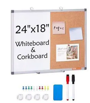 VEVOR  24"x18" Whiteboard & Cork Board Combo with Aluminum Frame  2-in-1 Magnetic Dry Erase Bulletin Board for Wall Mount  Ideal for School, Home, Office