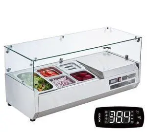 VEVOR  Refrigerated Condiment Prep Station, 130 W Countertop Refrigerated Condiment Station, with 1 1/3 Pan & 4 1/6 Pans, 304 Stainless Body and PC Lid, Sandwich Prep Table with Glass Guard, ETL