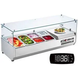 VEVOR  Refrigerated Condiment Prep Station, 135 W Countertop Refrigerated Condiment Station, with 2 1/3 Pans & 4 1/6 Pans, 304 Stainless Body and PC Lid, Sandwich Prep Table with Glass Guard, ETL