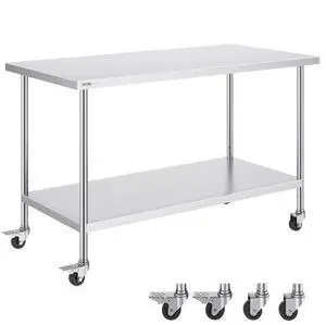 VEVOR  Stainless Steel Work Table 30 x 60 x 38 Inch, with 4 Wheels, 3 Adjustable Height Levels, Heavy Duty Food Prep Worktable for Commercial Kitchen Restaurant, Silver