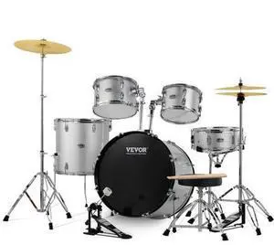VEVOR  Adult Drum Set, 5-Piece, 22 inches Complete Full Size Drum Kit with Bass Toms Snare Floor Drum Adjustable Throne Stands Cymbal Hi-Hat Pedal and Drumsticks, Beginner Drum Kit for Adults, Silver