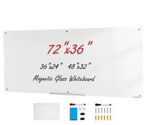 VEVOR  Magnetic Glass Whiteboard, Dry Erase Board 72"x36", Wall-Mounted Large White Glassboard Frameless, with Marker Tray, an Eraser and 2 Markers, White