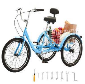 VEVOR  Adult Tricycles Bike, 24 Inch Three-Wheeled Bicycles, 3 Wheel Bikes Trikes, Carbon Steel Cruiser Bike with Basket & Adjustable Seat, Picnic Shopping Tricycles for Seniors, Women, Men (Blue)