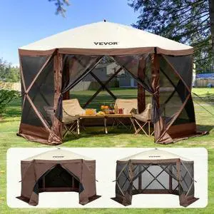 VEVOR  Pop Up Gazebo Tent, Pop-Up Screen Tent 6 Sided Canopy Sun Shelter with 6 Removable Privacy Wind Cloths & Mesh Windows, 11.5x11.5FT Quick Set Screen Tent with Mosquito Netting, Brown