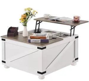 VEVOR  31.5" Farmhouse Coffee Table, Hinged Lift Top Coffee Square Table with Storage Compartment, Wooden Rustic Cocktail Table for Living Room, Bedroom, Apartment, Studio, Gray & White