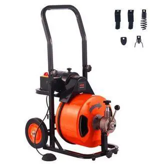 VEVOR Drain Cleaner Machine 100 FT x 1/2 Inch, Sewer Auger Auto Feed with 4 Cutter & Air-activated Foot Switch for 1" to 4" Pipes, Orange, Black